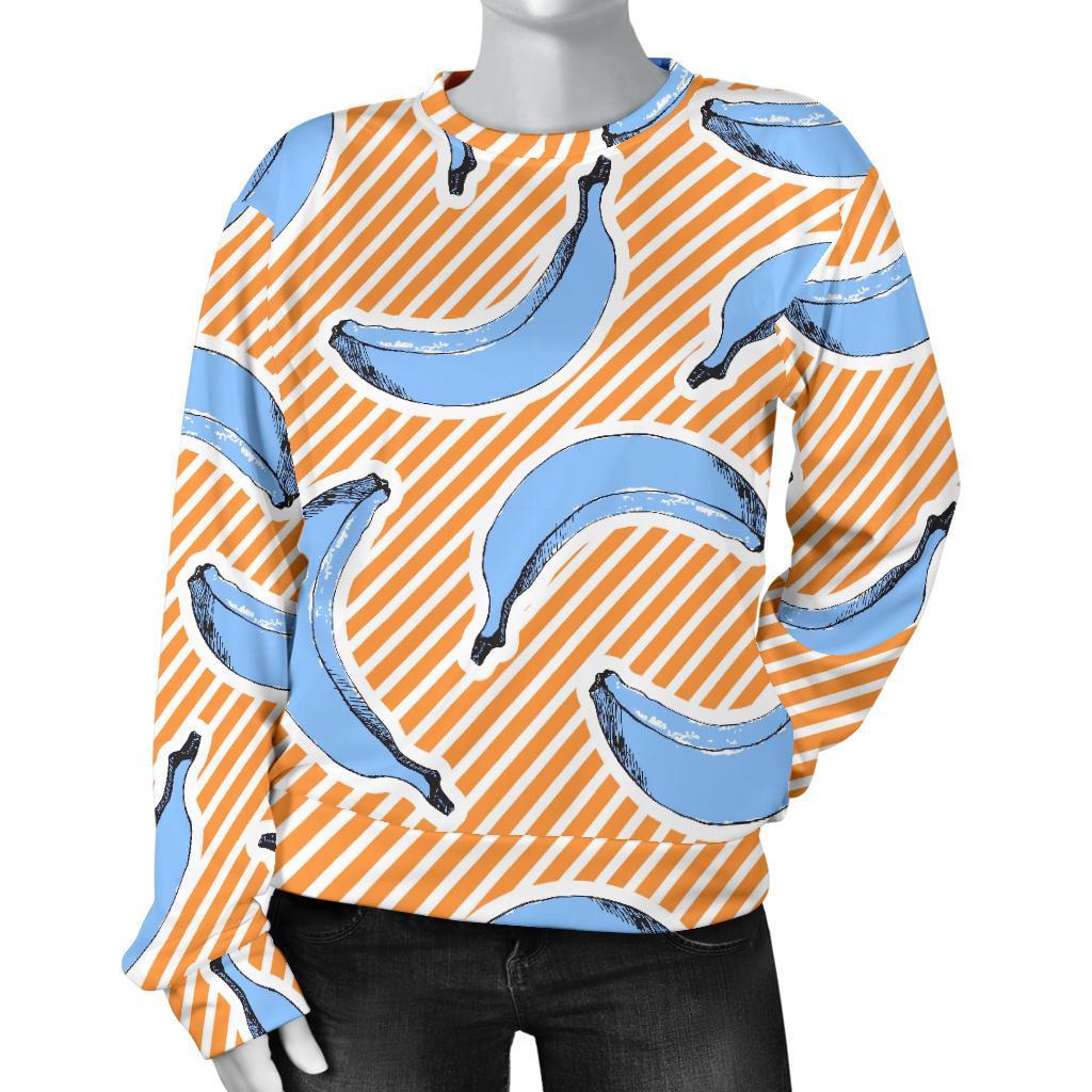 Retro Blue Banana Pattern Print Women's Crewneck Sweatshirt GearFrost