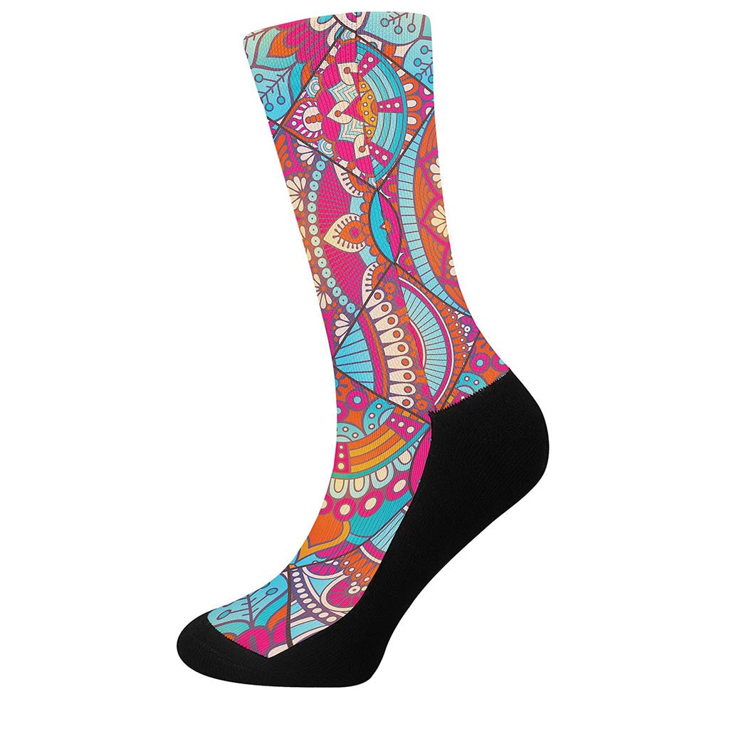 Retro Bohemian Mandala Pattern Print Crew Socks