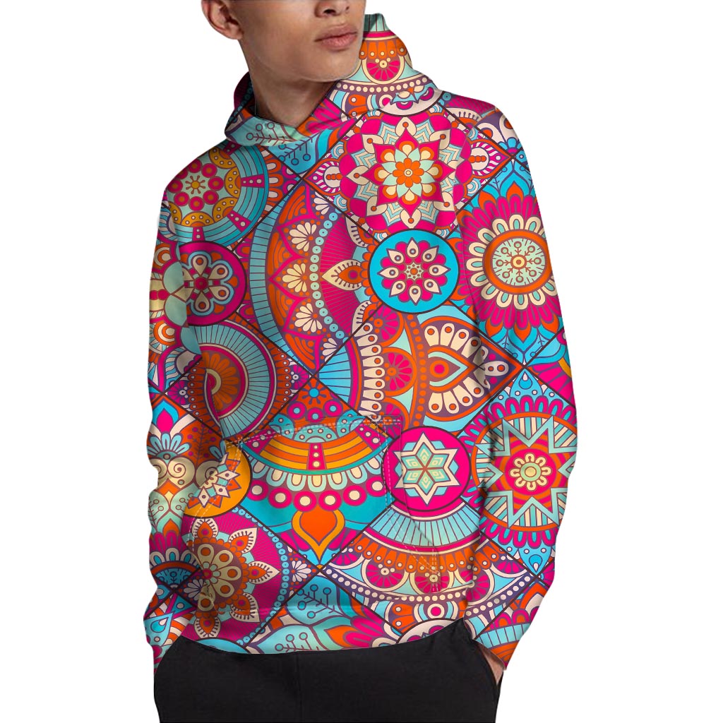 Retro Bohemian Mandala Pattern Print Pullover Hoodie