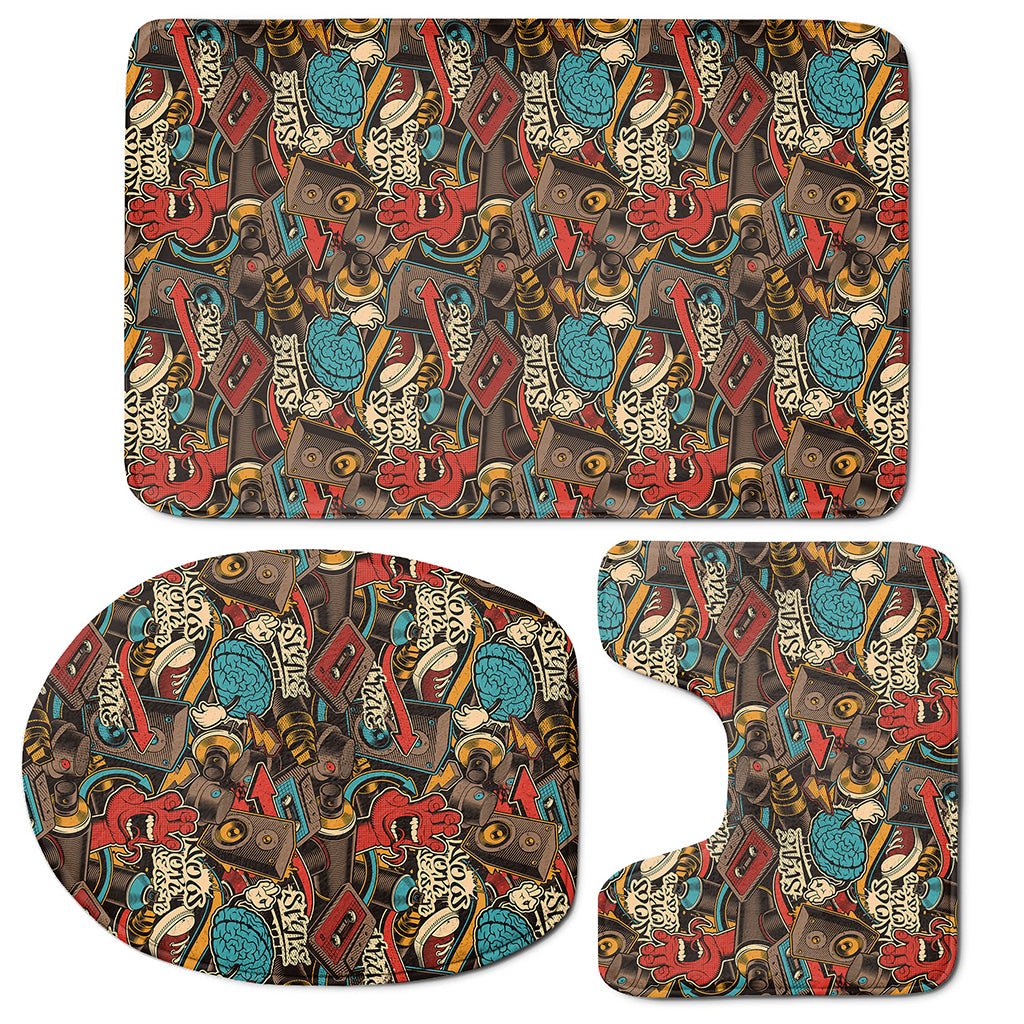 Retro Graffiti Pattern Print 3 Piece Bath Mat Set