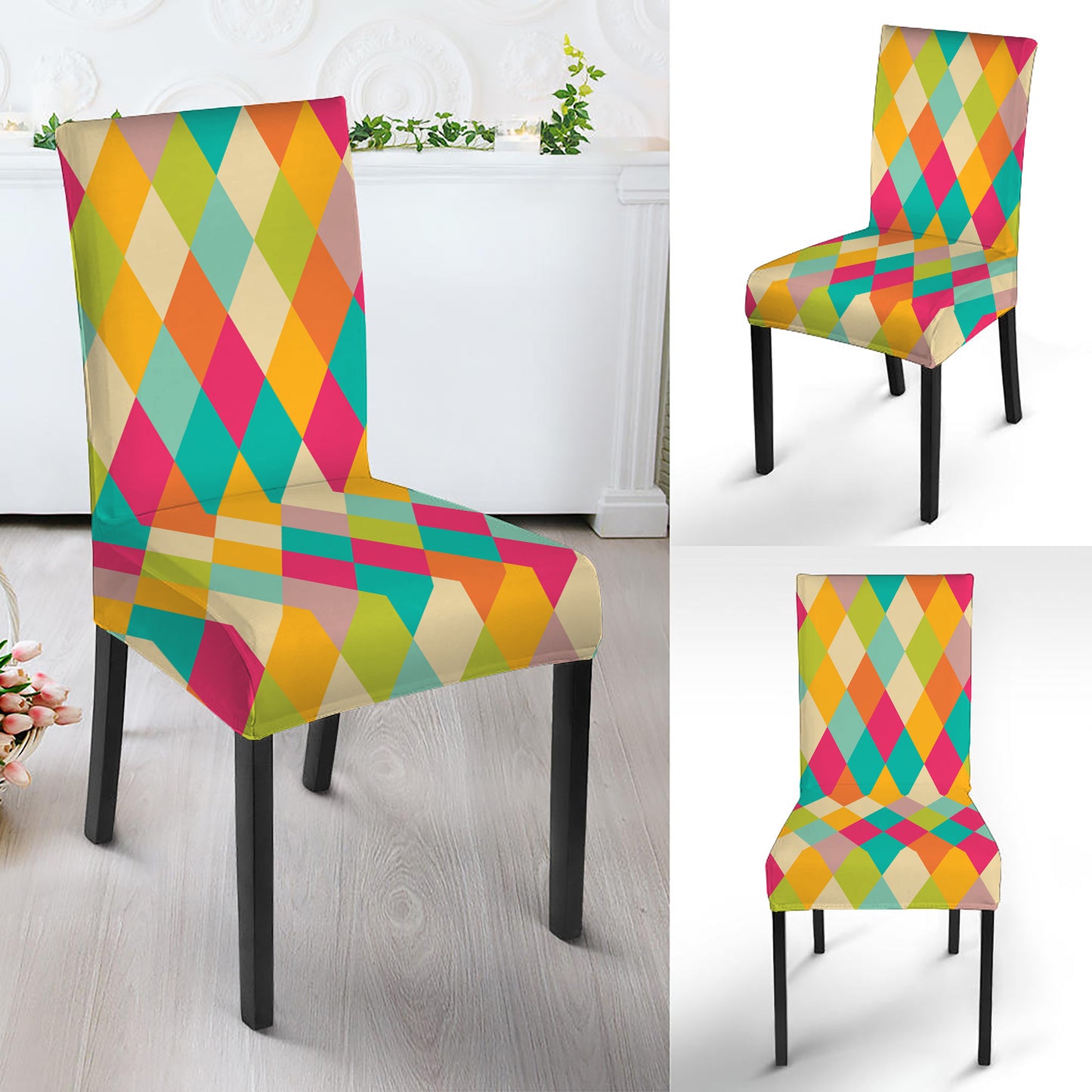 Retro Harlequin Pattern Print Dining Chair Slipcover