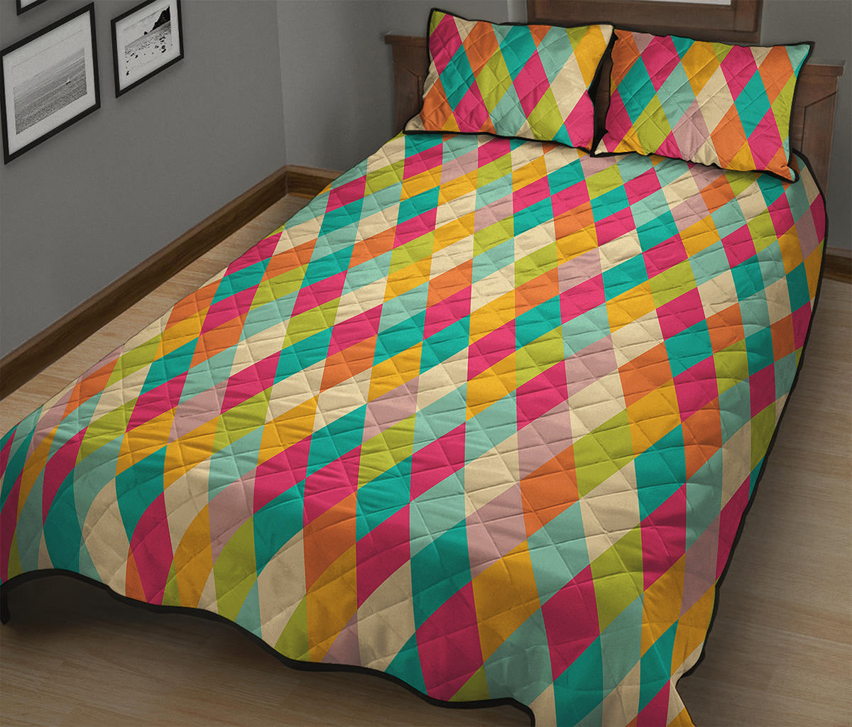 Retro Harlequin Pattern Print Quilt Bed Set