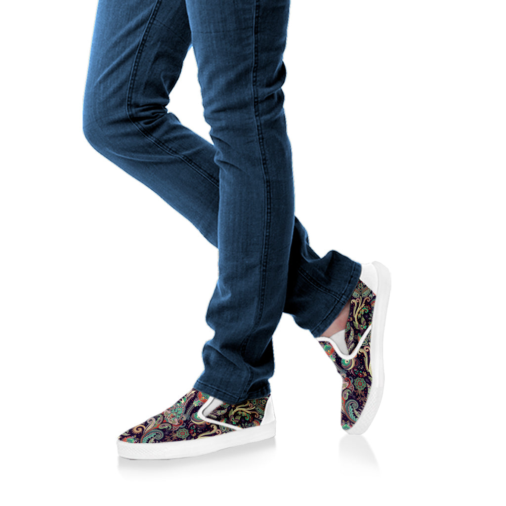 Retro Indian Paisley Pattern Print White Slip On Shoes