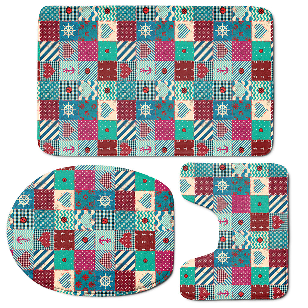 Retro Nautical Patchwork Pattern Print 3 Piece Bath Mat Set