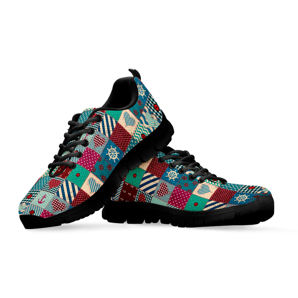 Retro Nautical Patchwork Pattern Print Black Sneakers