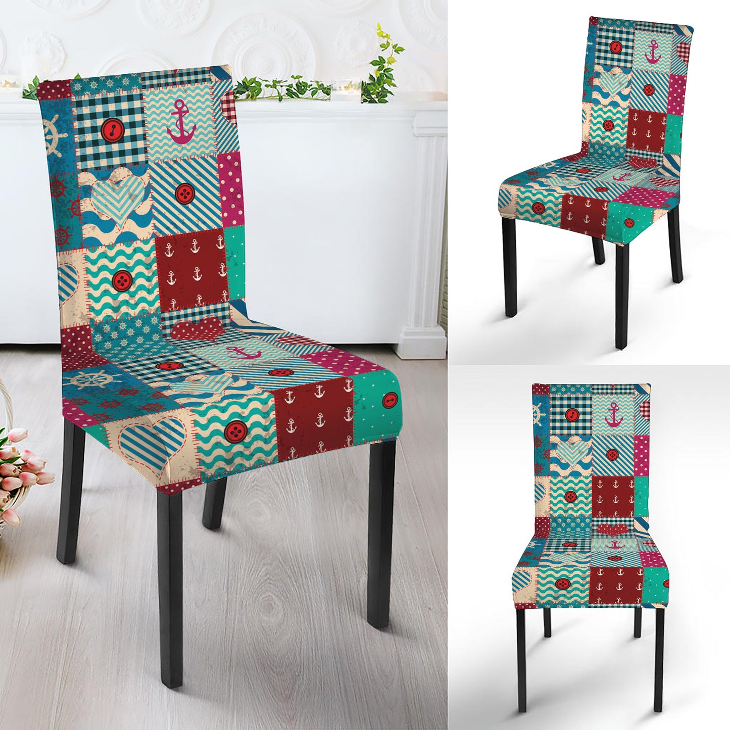 Retro Nautical Patchwork Pattern Print Dining Chair Slipcover