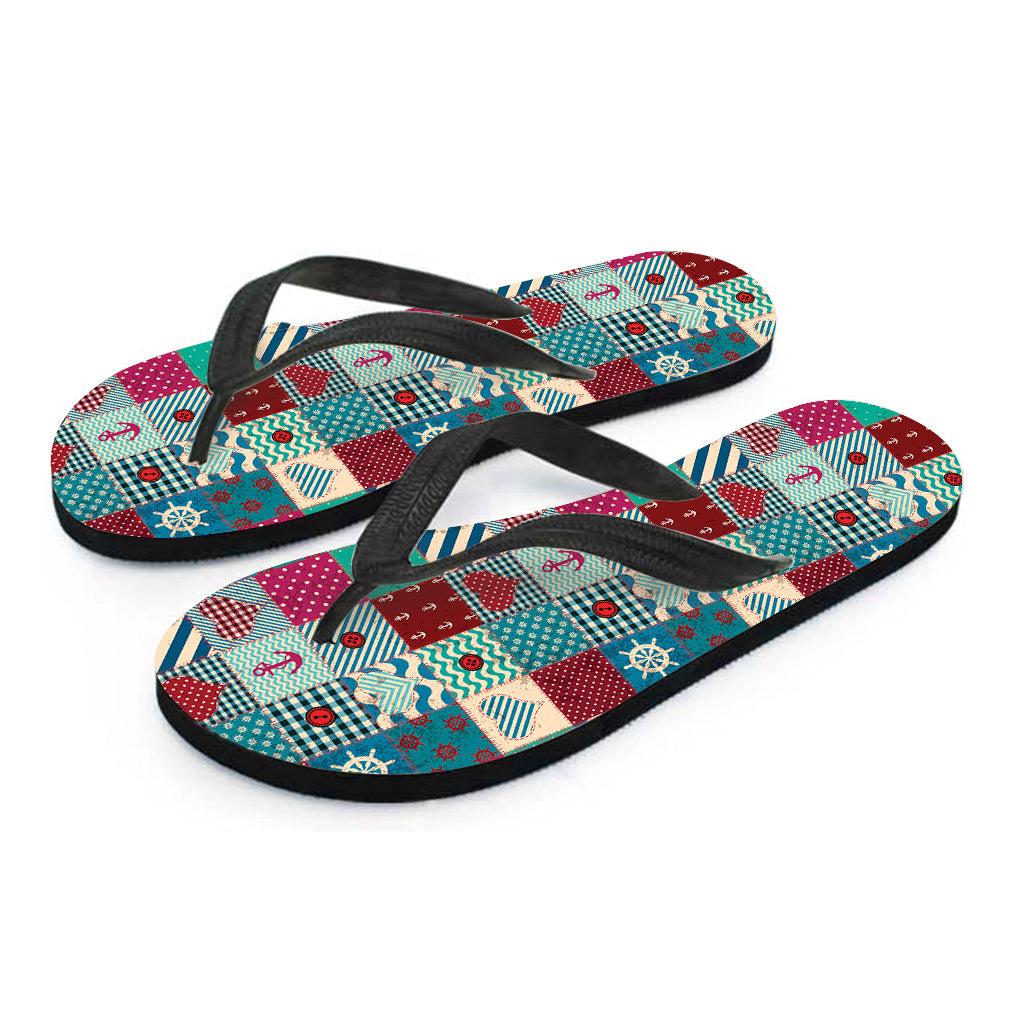 Retro Nautical Patchwork Pattern Print Flip Flops