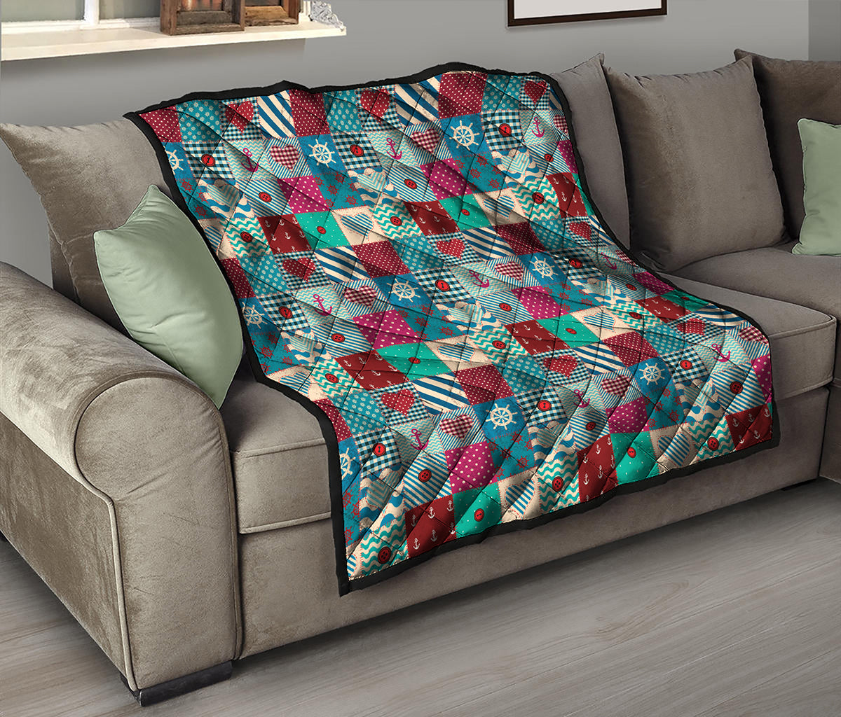 Retro Nautical Patchwork Pattern Print Quilt