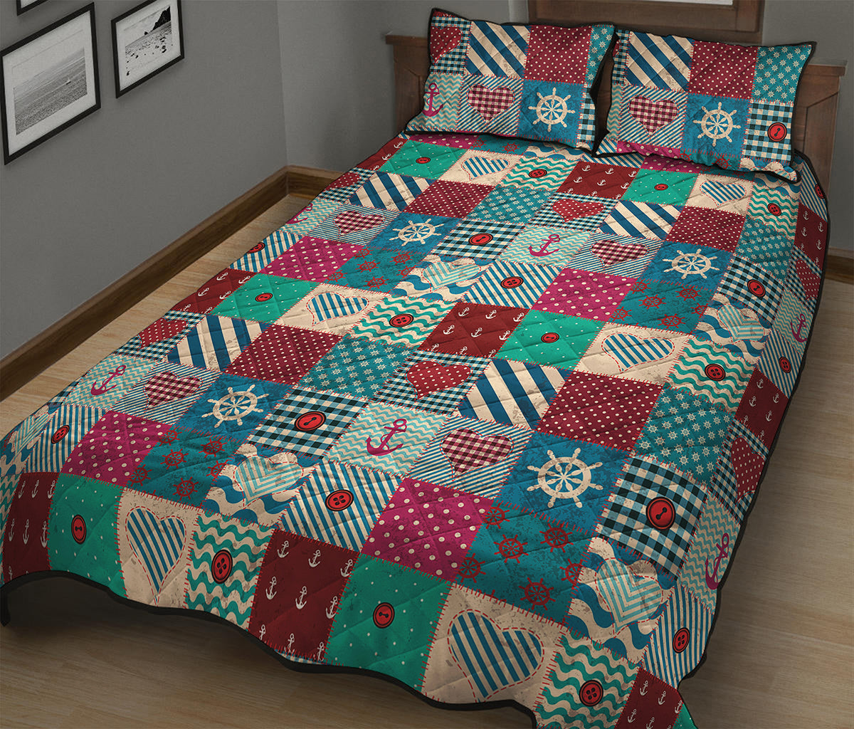 Retro Nautical Patchwork Pattern Print Quilt Bed Set