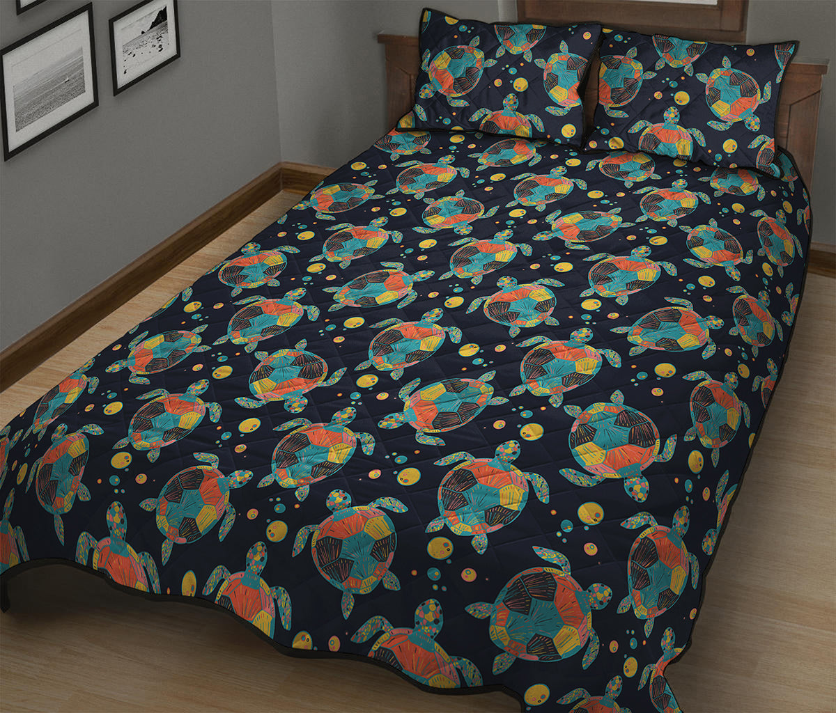 Retro Sea Turtle Pattern Print Quilt Bed Set