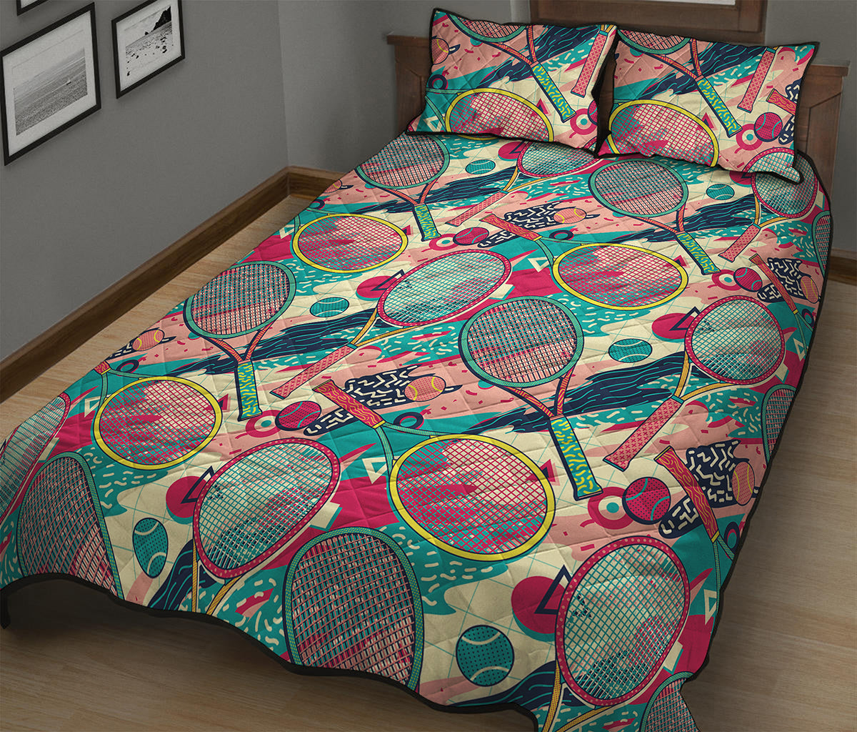 Retro Tennis Pattern Print Quilt Bed Set