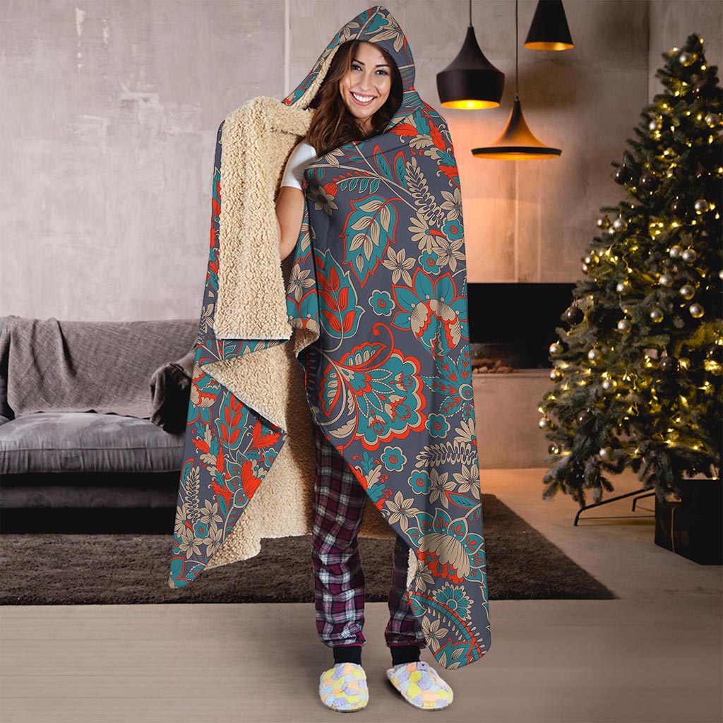 Retro Vintage Bohemian Floral Print Hooded Blanket