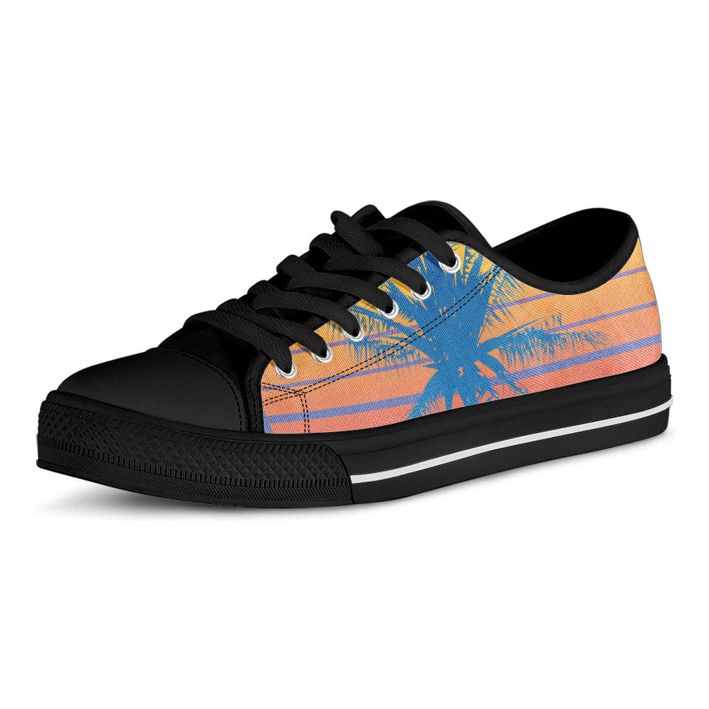 Retrowave Sunset Palm Tree Print Black Low Top Shoes
