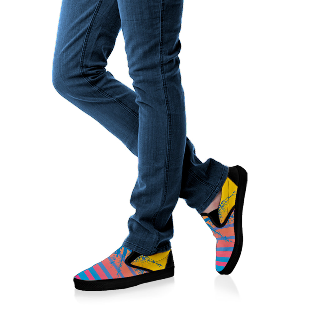Retrowave Sunset Palm Tree Print Black Slip On Shoes