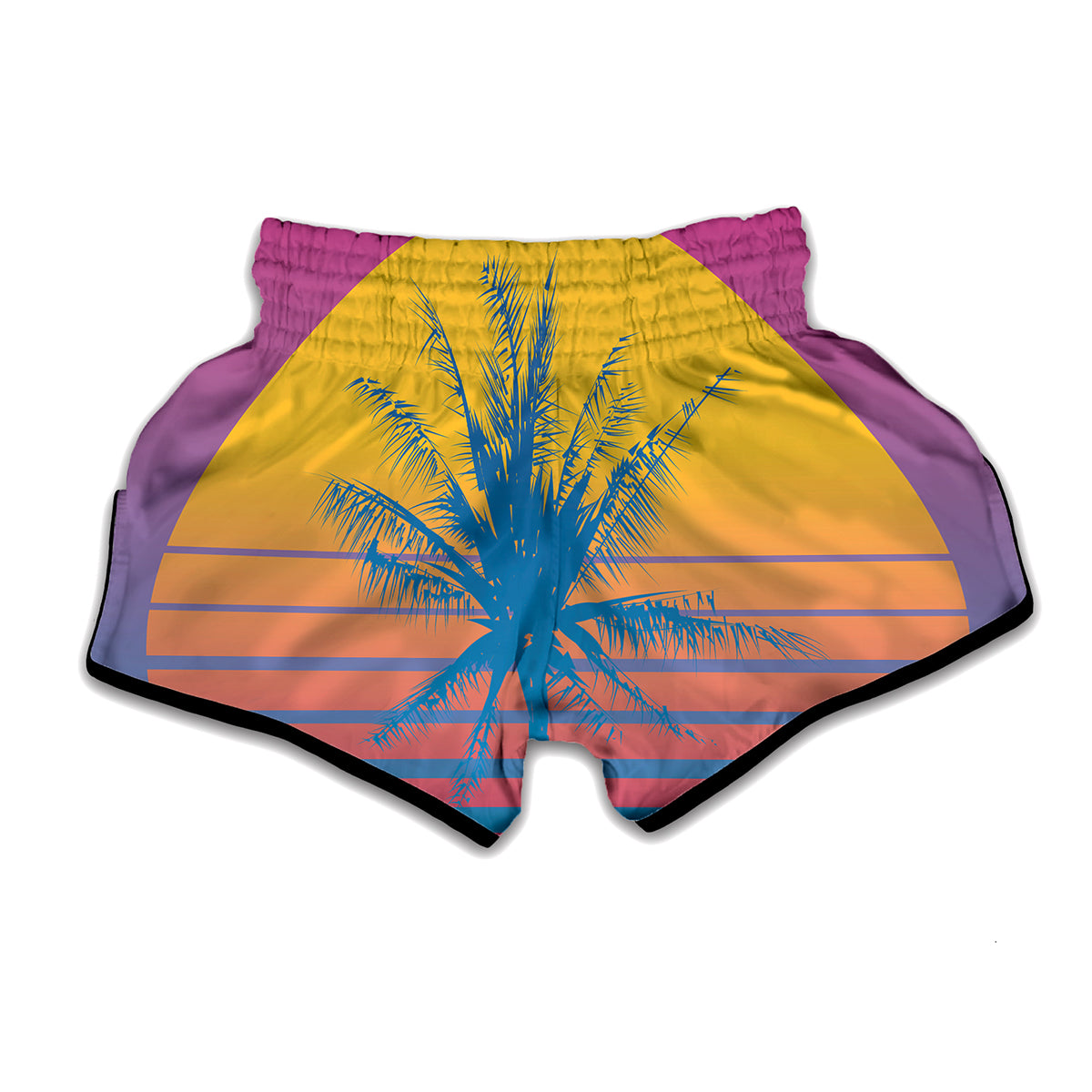 Retrowave Sunset Palm Tree Print Muay Thai Boxing Shorts