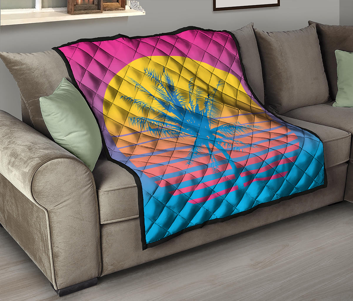 Retrowave Sunset Palm Tree Print Quilt