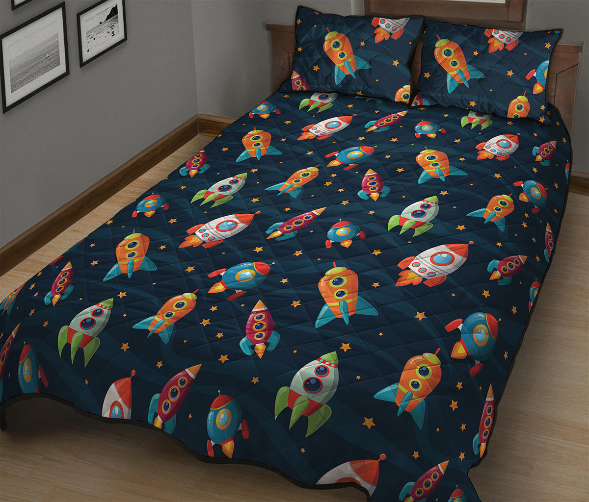 Rockets And Stars Pattern Print Quilt Bed Set