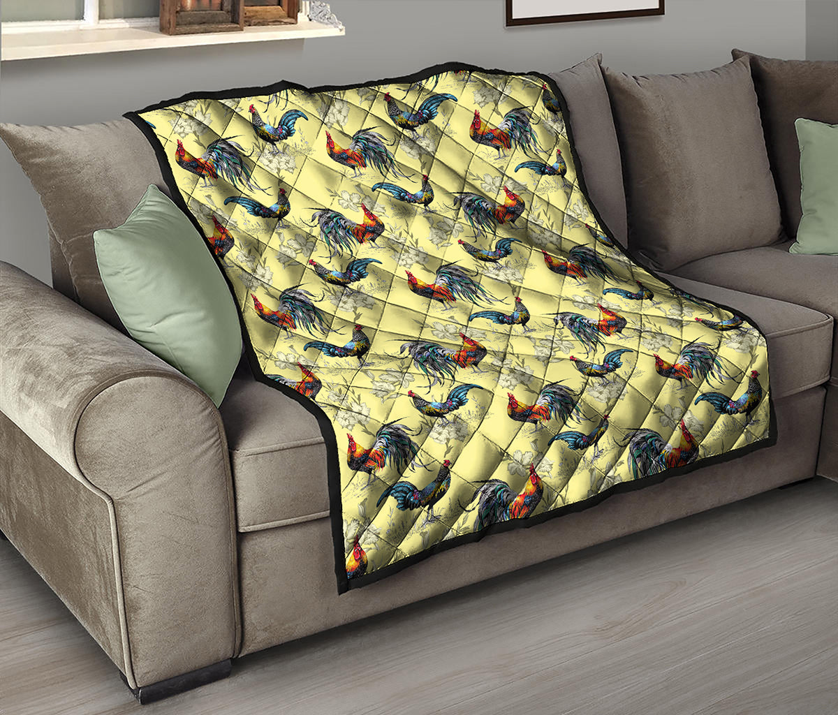 Rooster And Flower Pattern Print Quilt