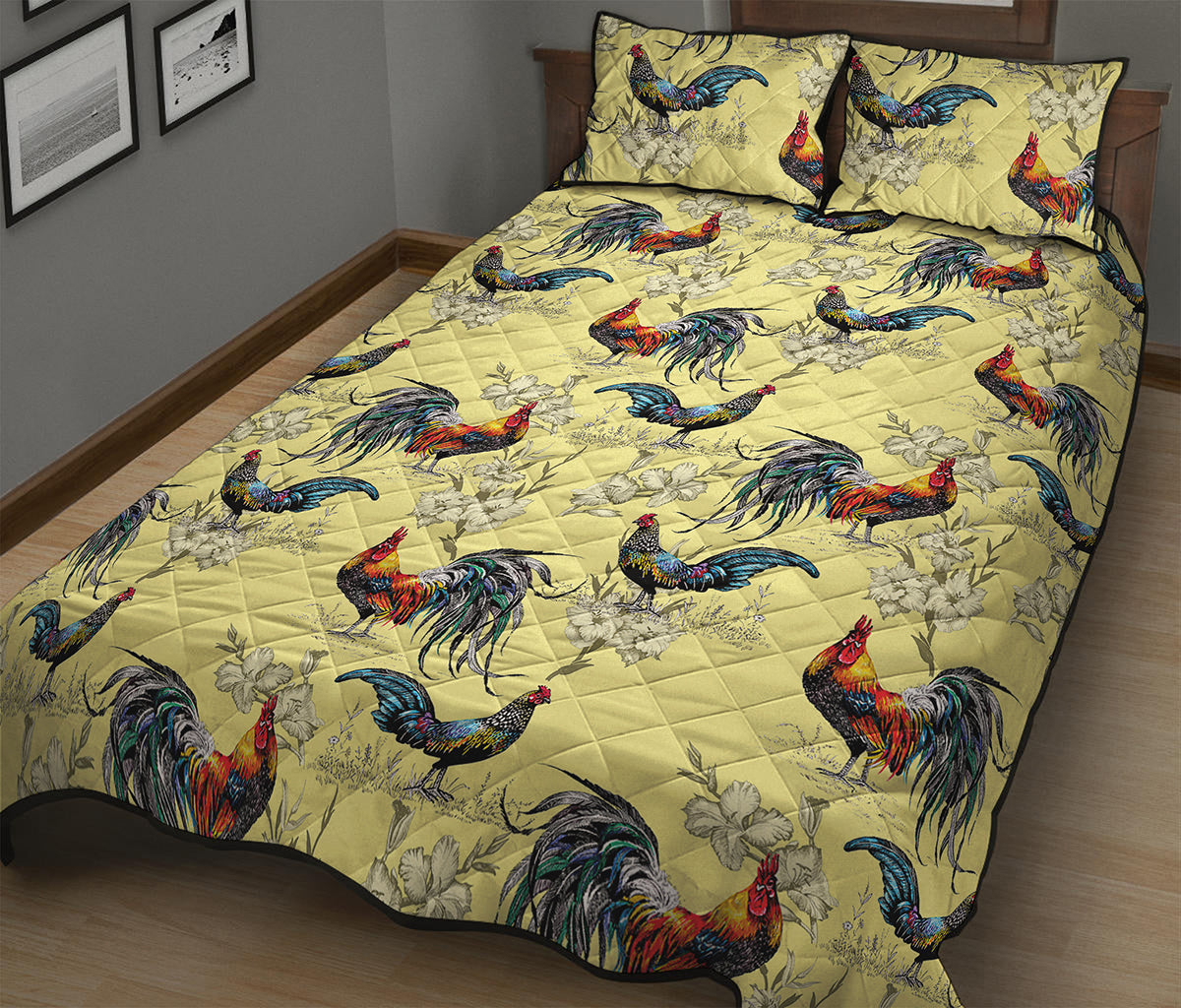 Rooster And Flower Pattern Print Quilt Bed Set