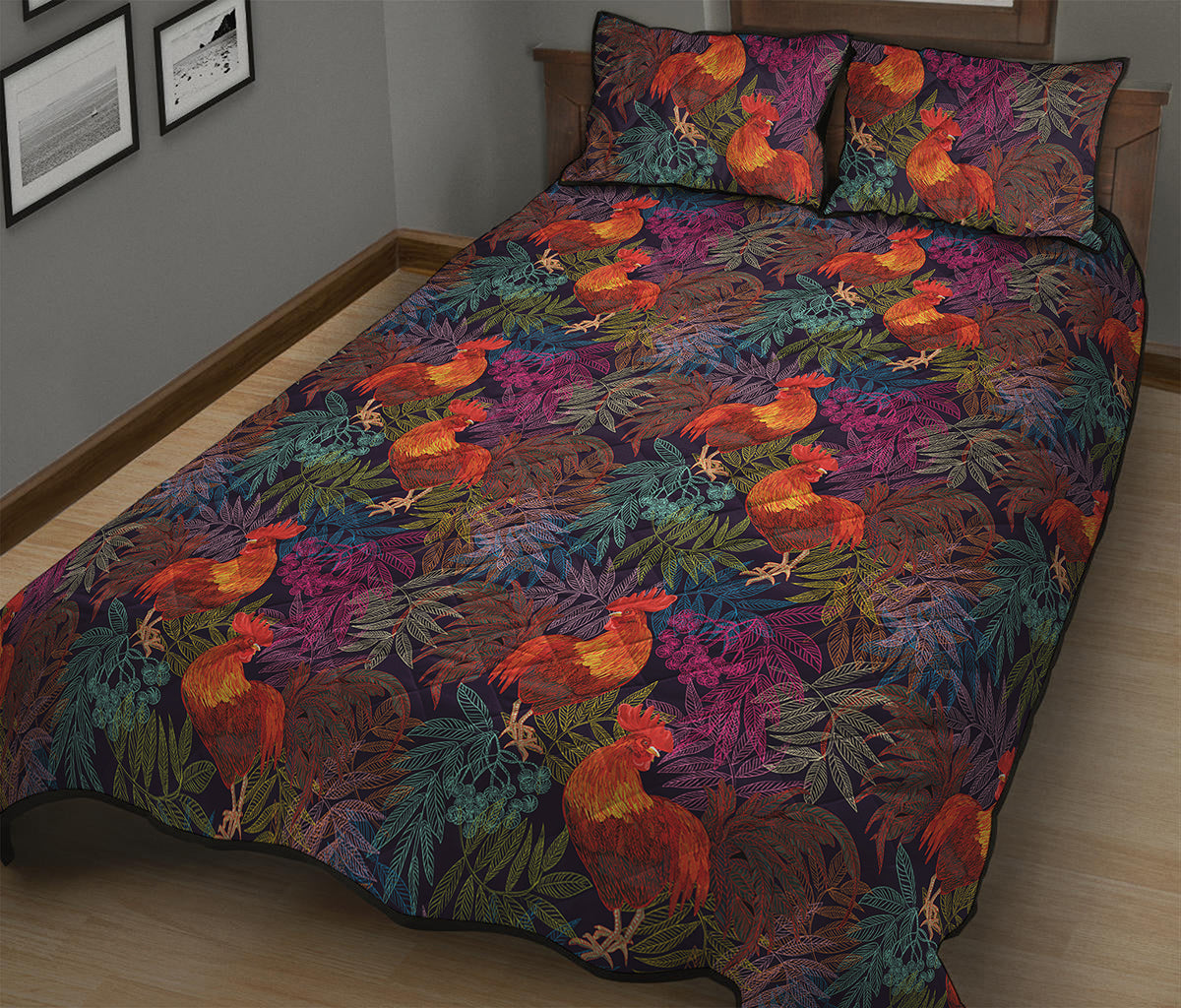 Rooster And Rowan Pattern Print Quilt Bed Set