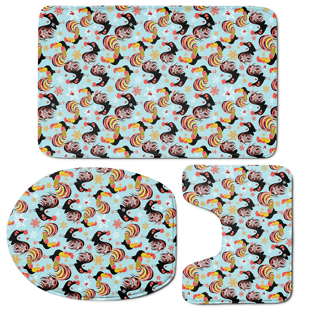 Rooster And Snowflake Pattern Print 3 Piece Bath Mat Set