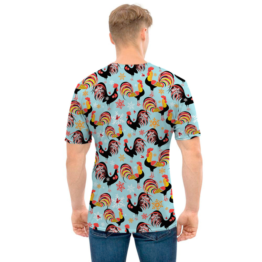 Rooster And Snowflake Pattern Print Men's T-Shirt