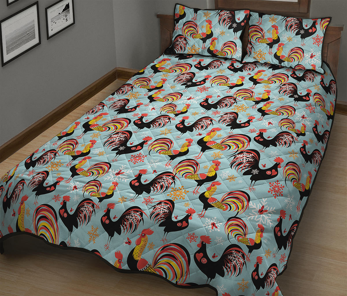Rooster And Snowflake Pattern Print Quilt Bed Set