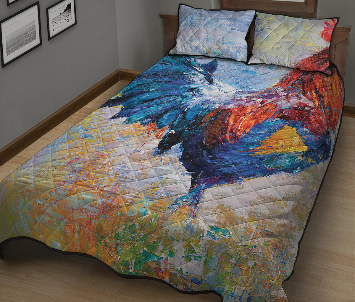 Rooster Painting Print Quilt Bed Set