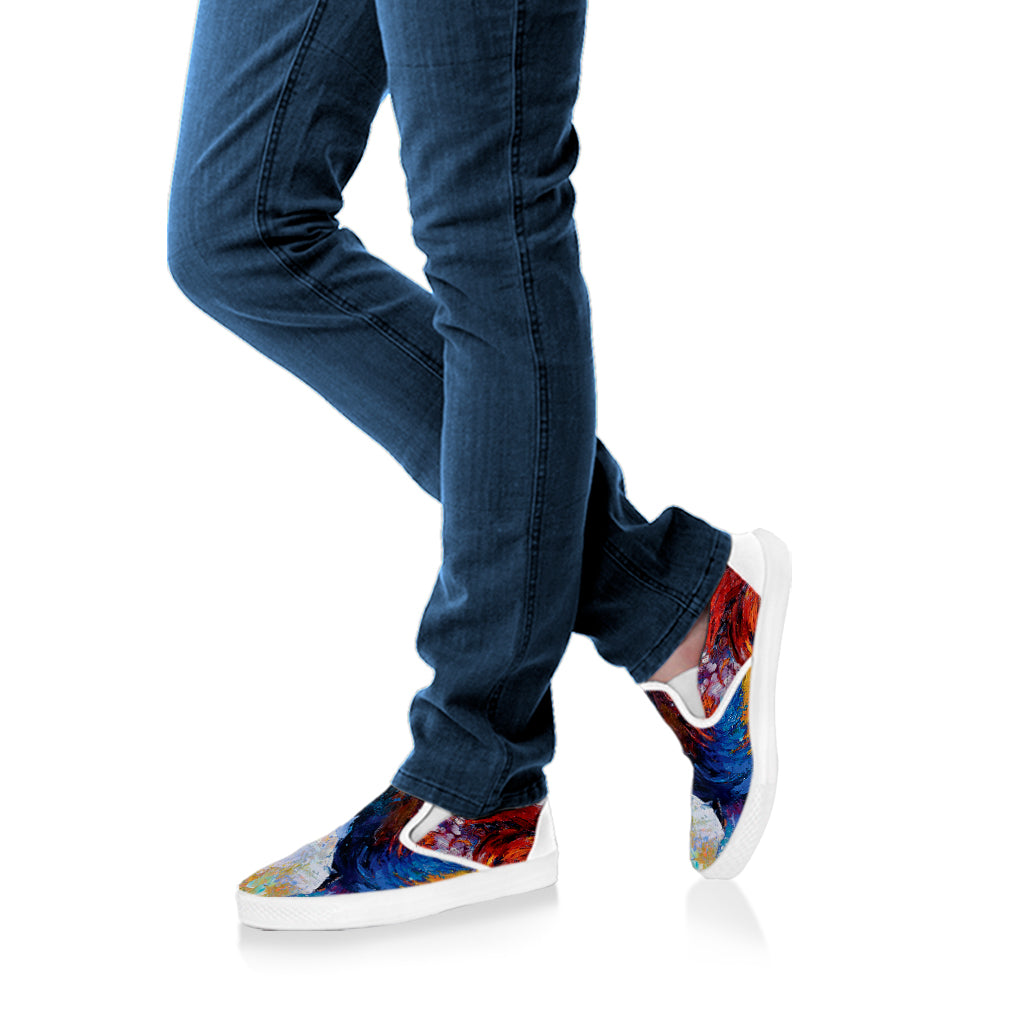 Rooster Painting Print White Slip On Shoes