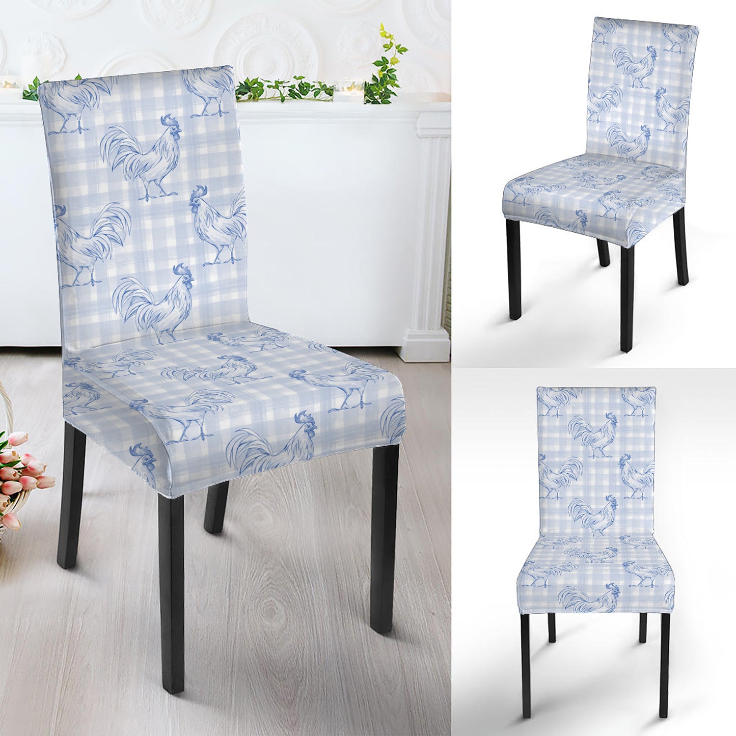 Rooster Plaid Pattern Print Dining Chair Slipcover