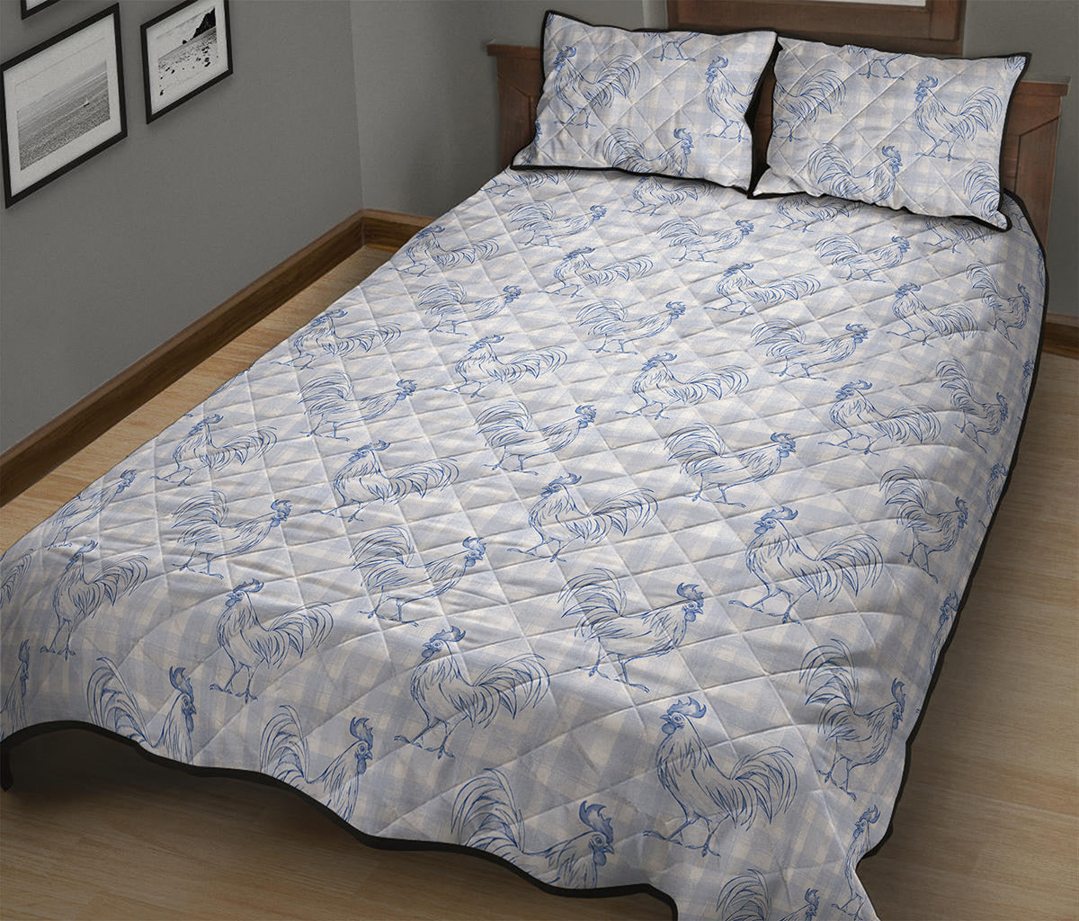 Rooster Plaid Pattern Print Quilt Bed Set