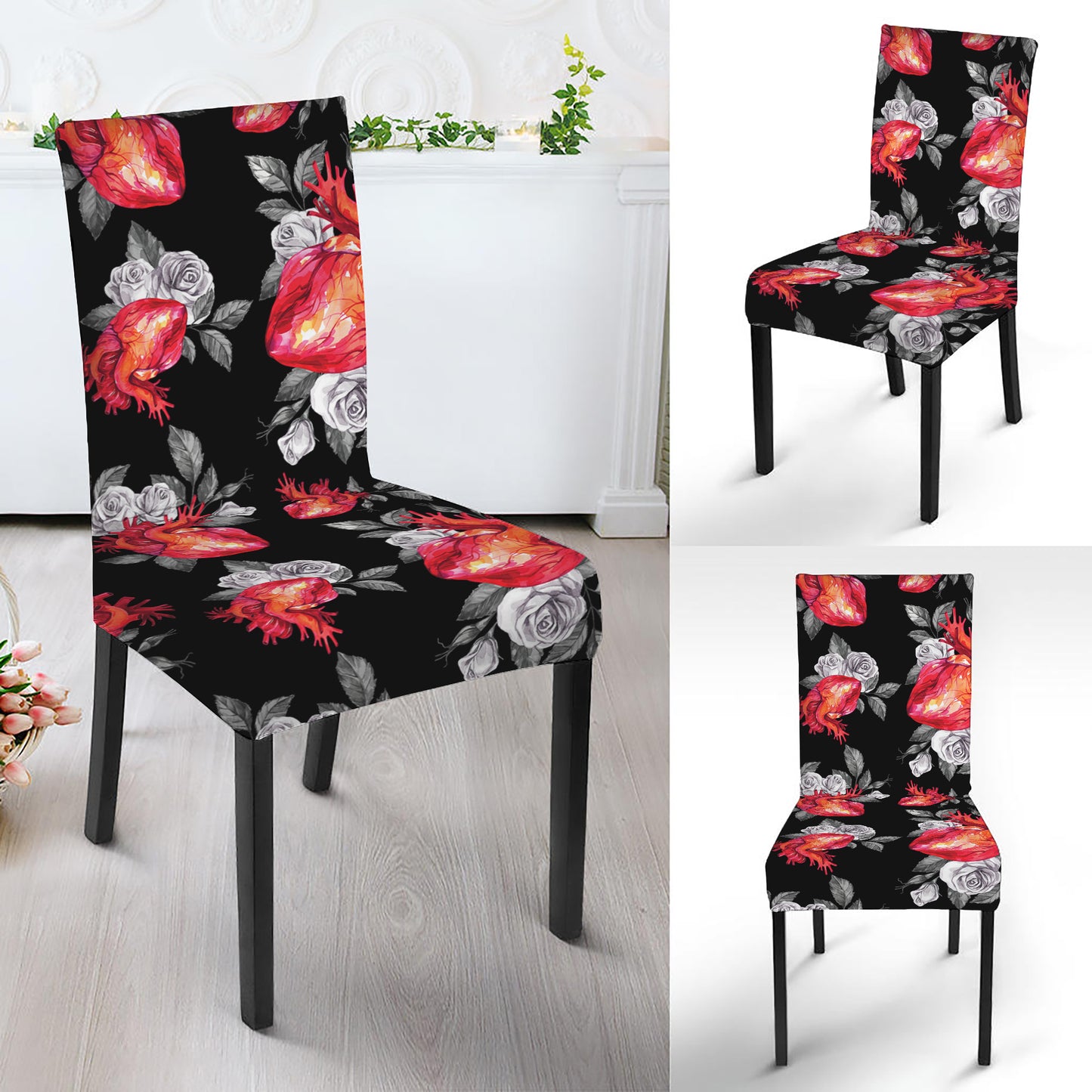 Rose And Heart Pattern Print Dining Chair Slipcover