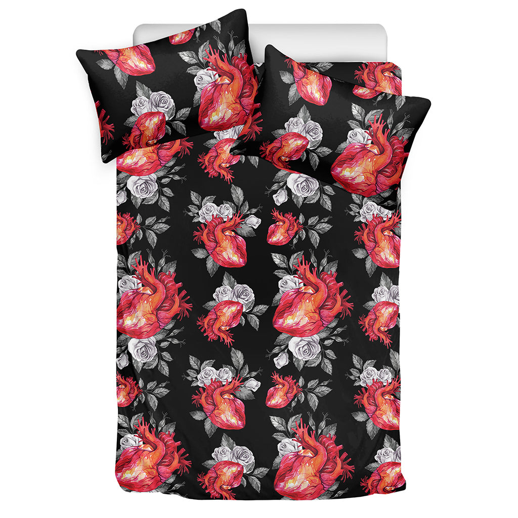 Rose And Heart Pattern Print Duvet Cover Bedding Set