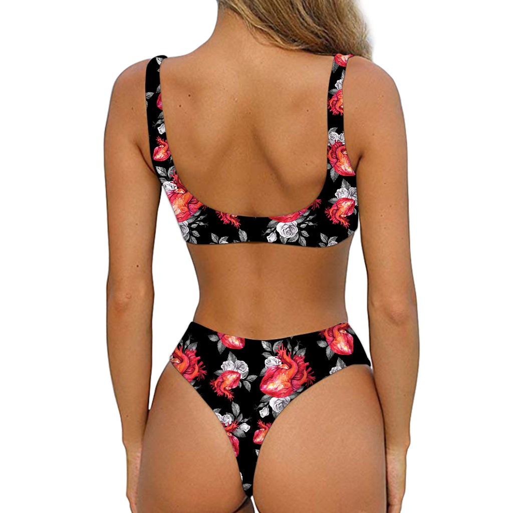Rose And Heart Pattern Print Front Bow Tie Bikini