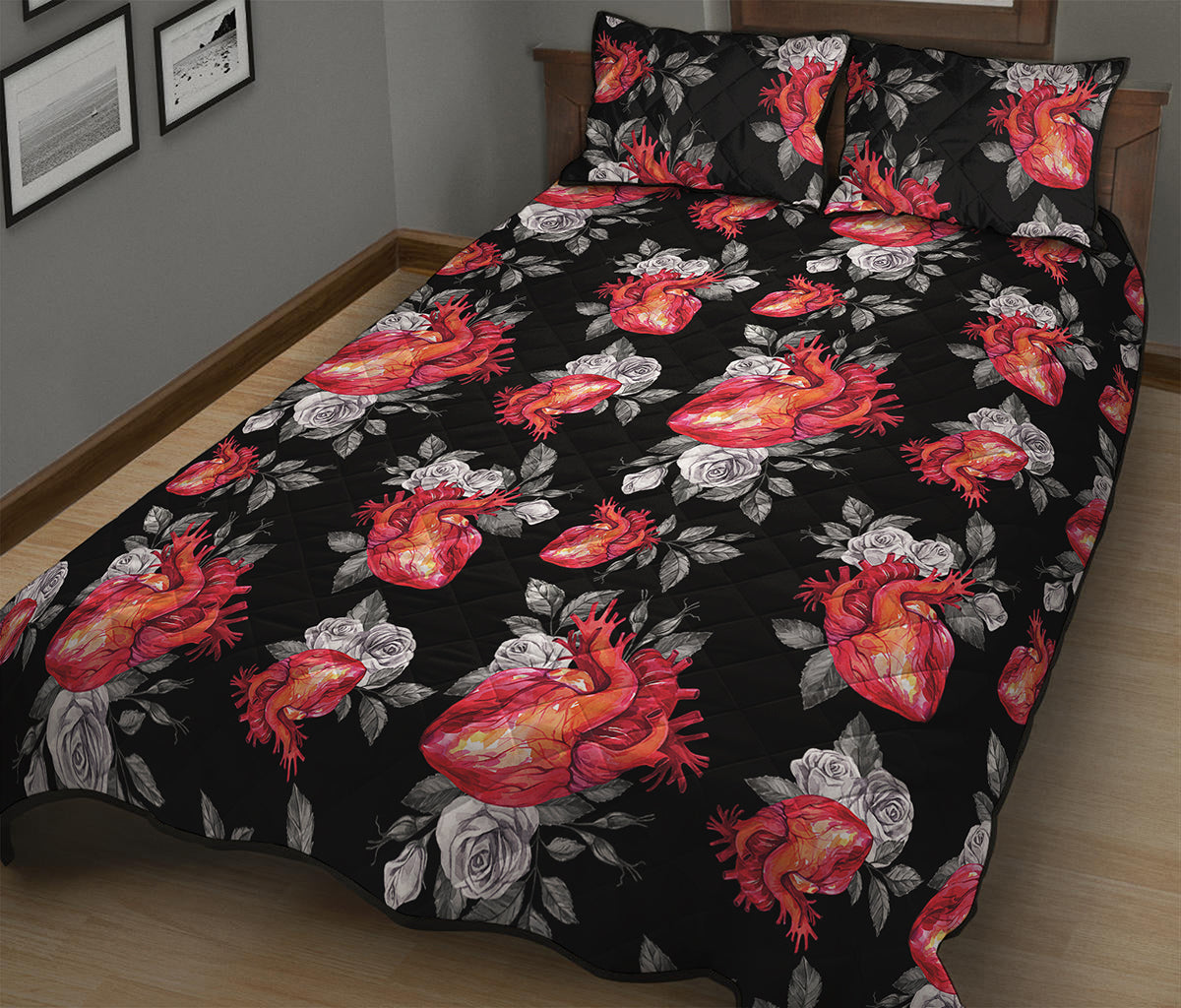 Rose And Heart Pattern Print Quilt Bed Set
