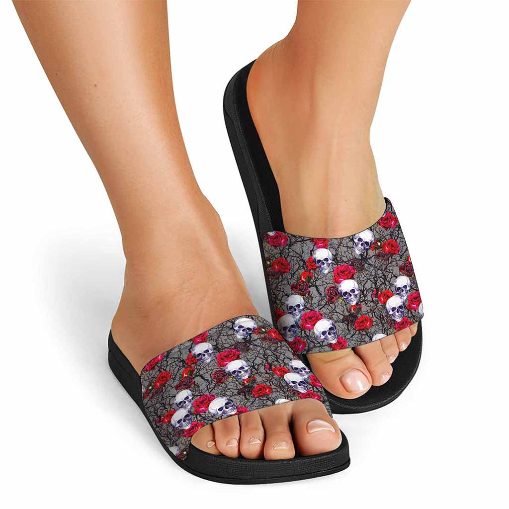 Rose Branch Skull Pattern Print Black Slide Sandals