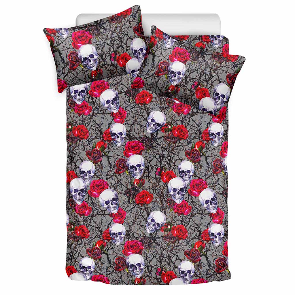 Rose Branch Skull Pattern Print Duvet Cover Bedding Set