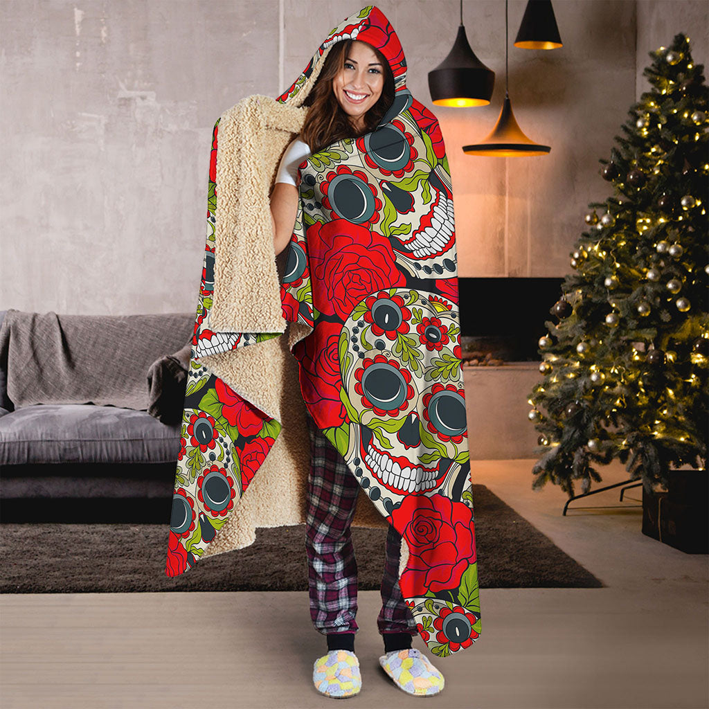 Rose Floral Sugar Skull Pattern Print Hooded Blanket