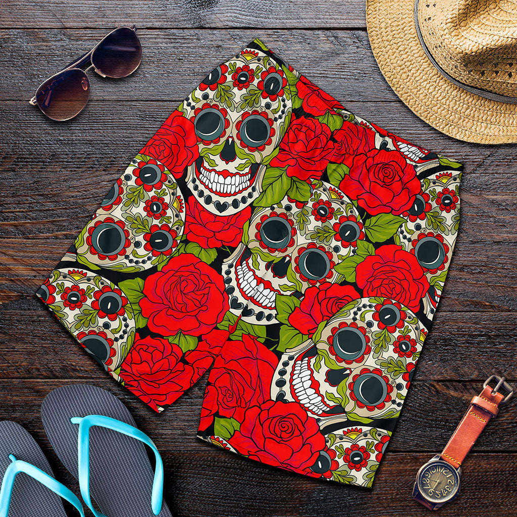 Rose Floral Sugar Skull Pattern Print Men's Shorts