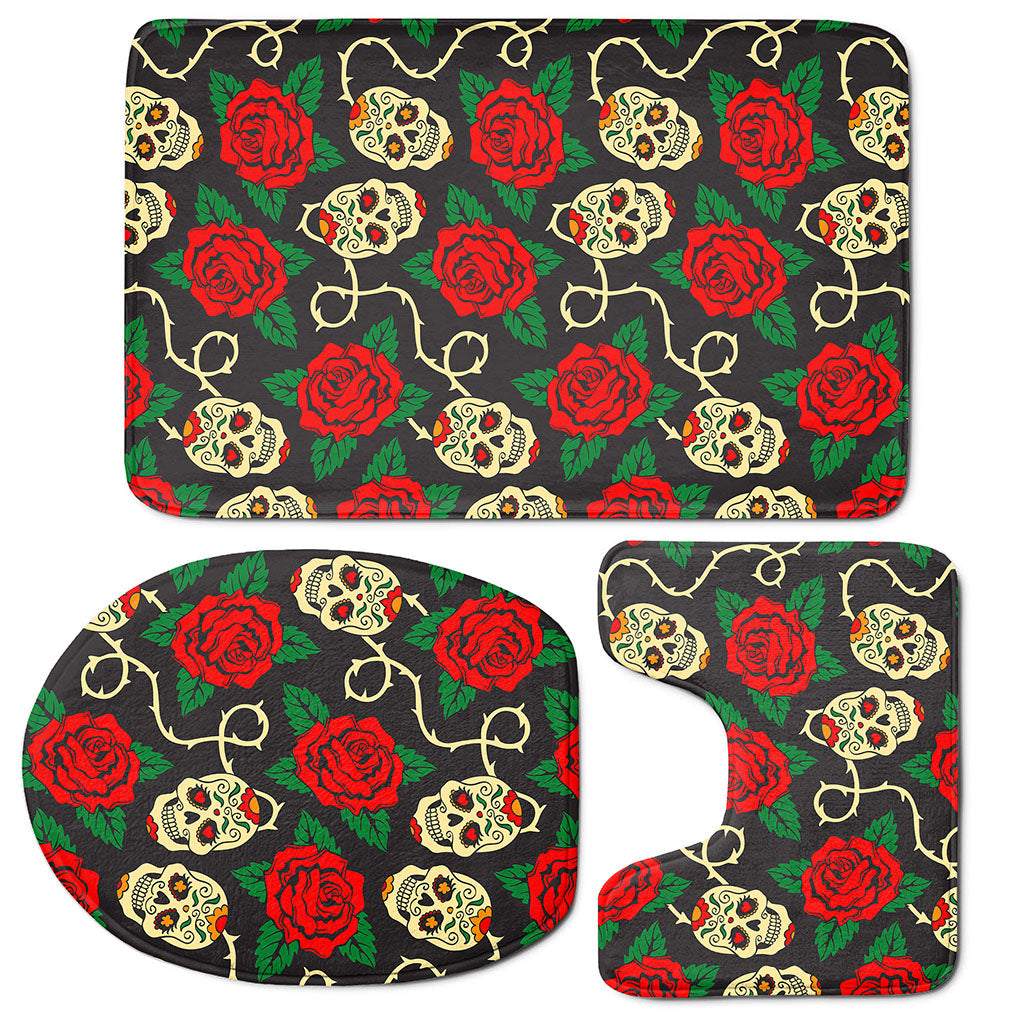 Rose Flower Sugar Skull Pattern Print 3 Piece Bath Mat Set