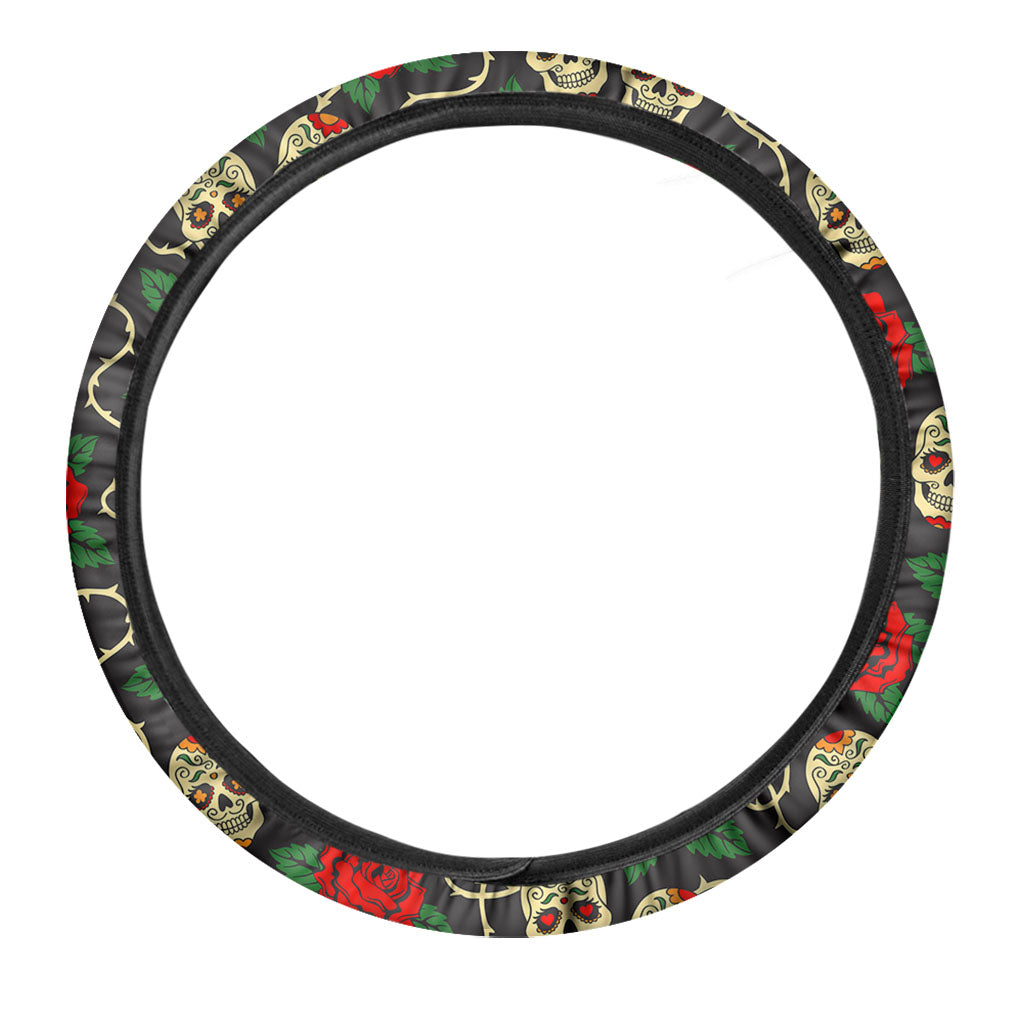 Rose Flower Sugar Skull Pattern Print Car Steering Wheel Cover