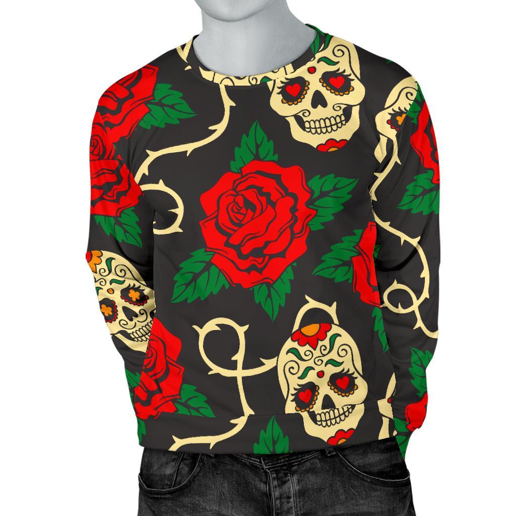 Rose Flower Sugar Skull Pattern Print Men's Crewneck Sweatshirt GearFrost