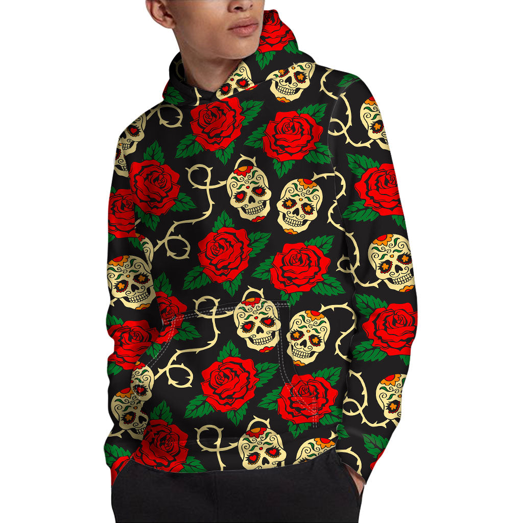 Rose Flower Sugar Skull Pattern Print Pullover Hoodie