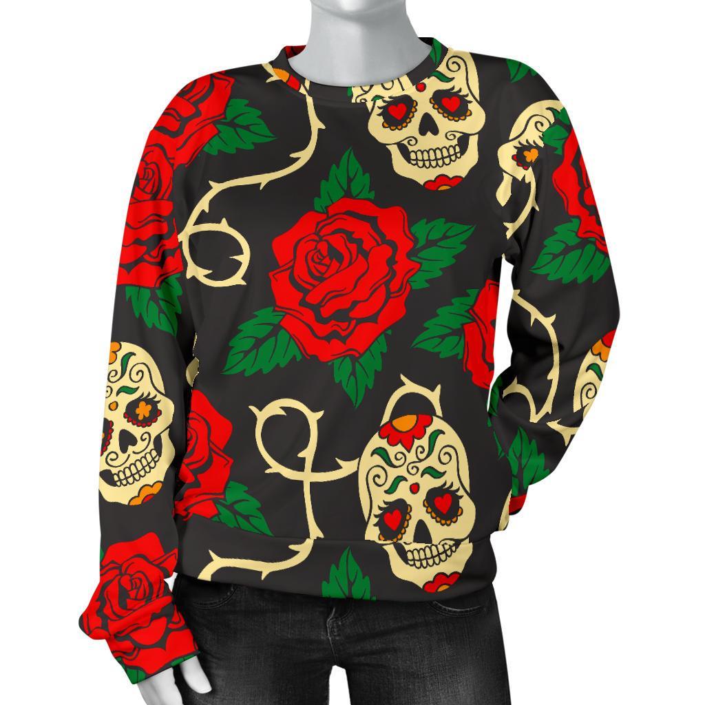 Rose Flower Sugar Skull Pattern Print Women's Crewneck Sweatshirt GearFrost