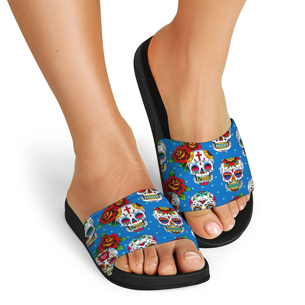 Rose Sugar Skull Pattern Print Black Slide Sandals