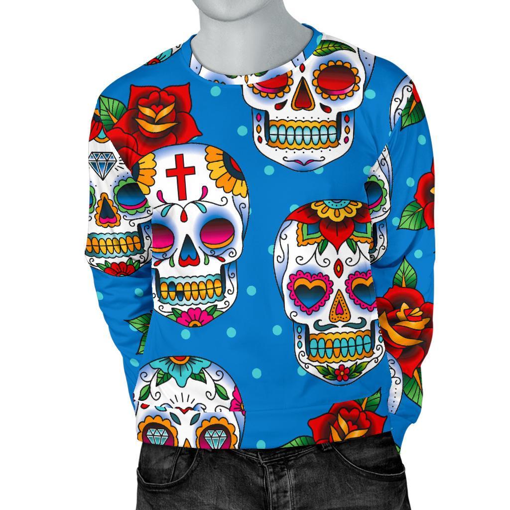 Rose Sugar Skull Pattern Print Men's Crewneck Sweatshirt GearFrost