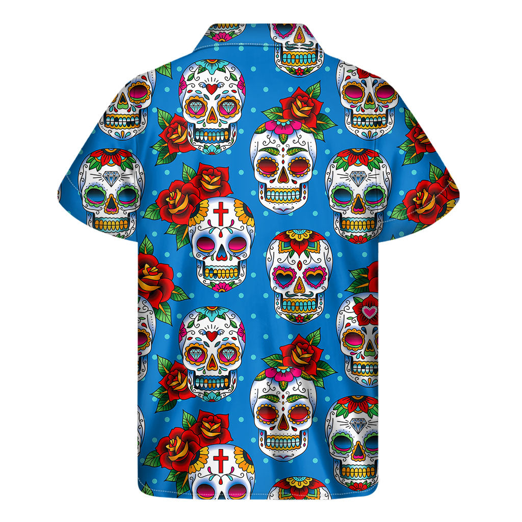Rose Sugar Skull Pattern Print Men's Short Sleeve Shirt
