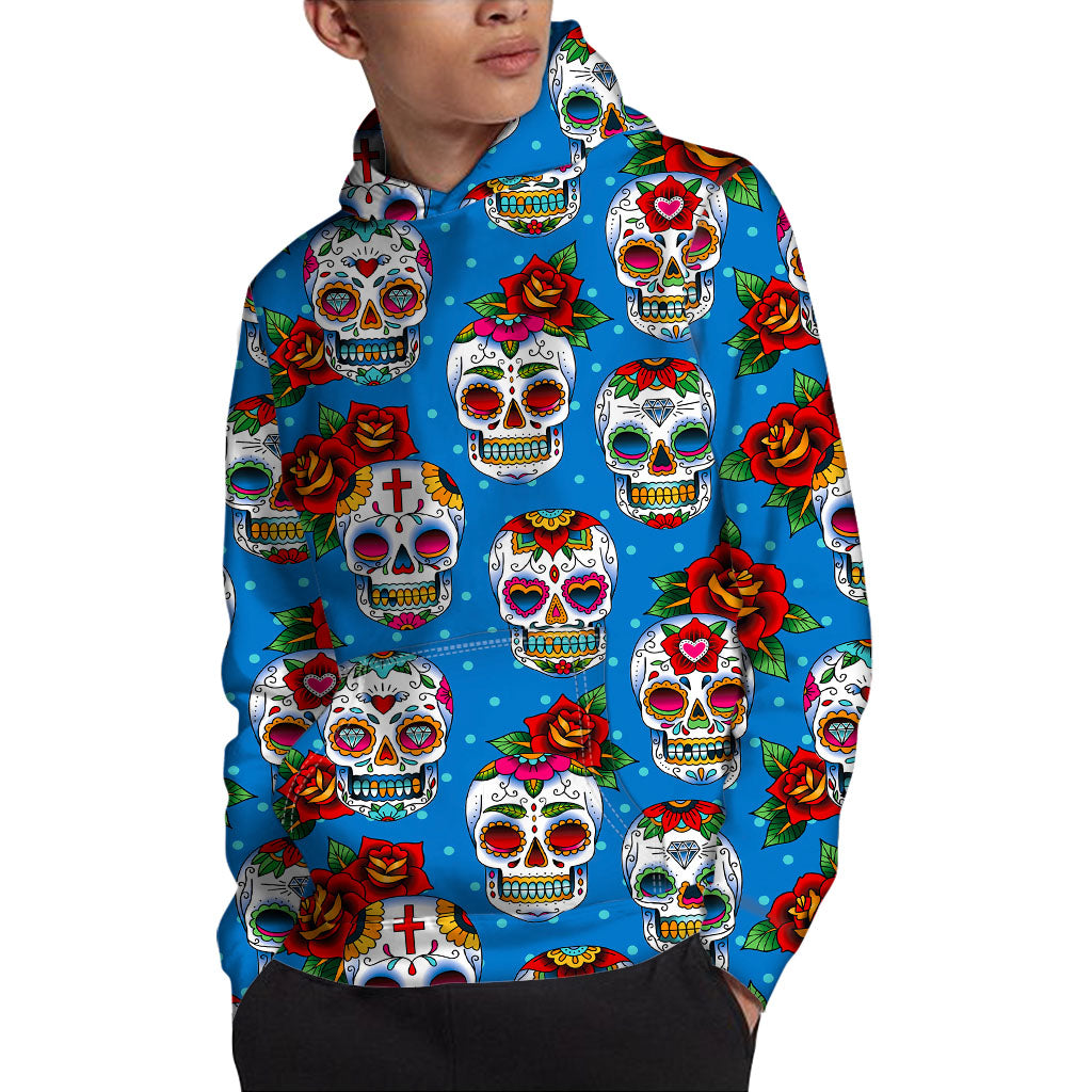 Rose Sugar Skull Pattern Print Pullover Hoodie