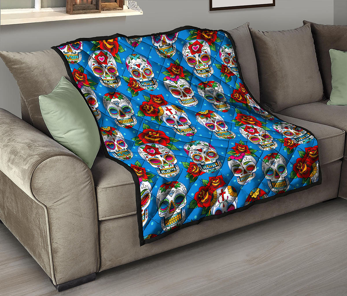 Rose Sugar Skull Pattern Print Quilt