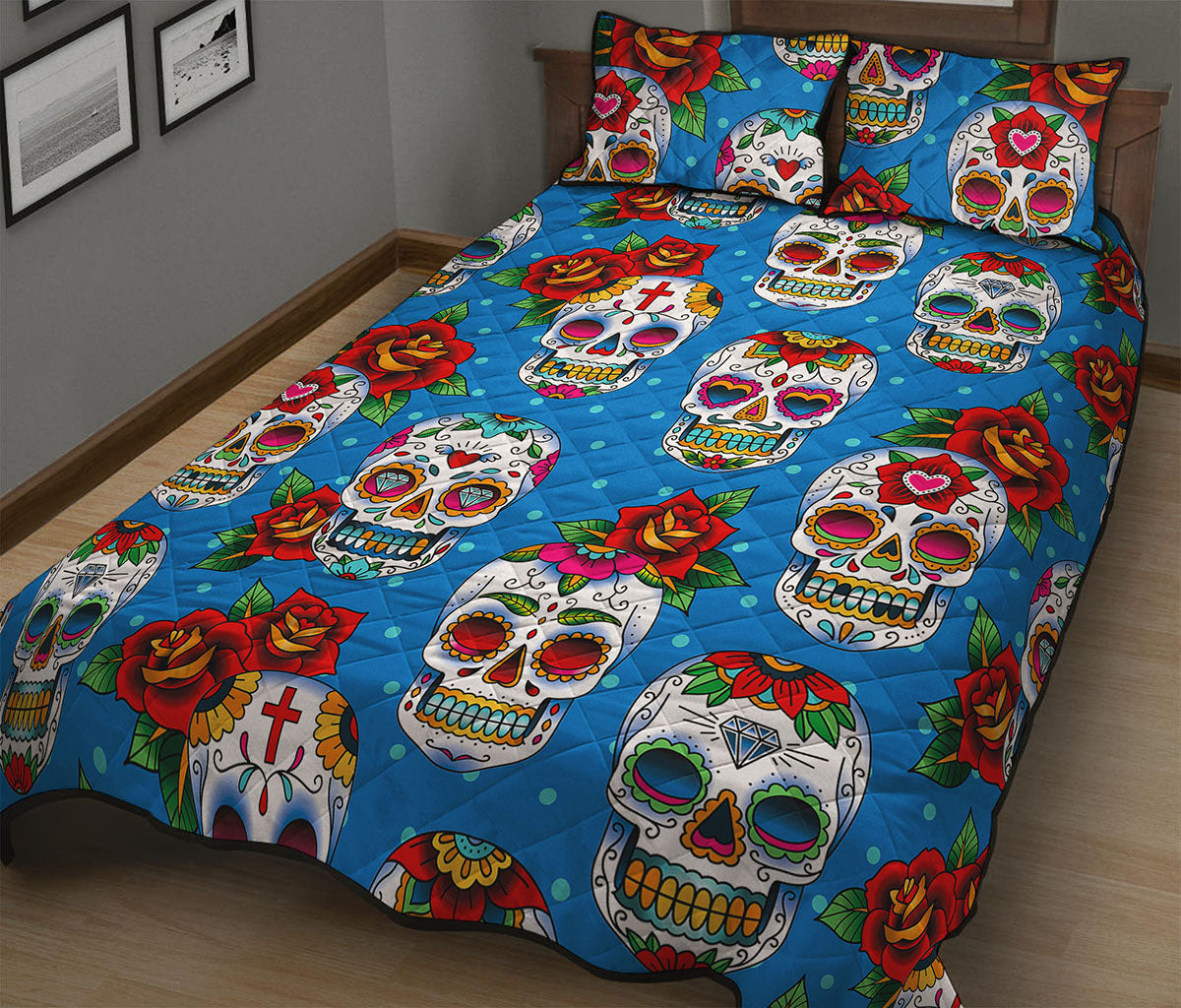 Rose Sugar Skull Pattern Print Quilt Bed Set